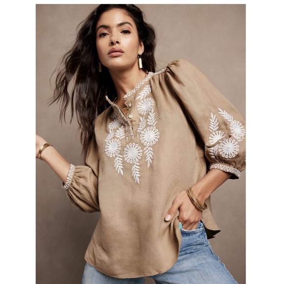BANANA REPUBLIC Embroidered Linen Tunic Tan Small - Picture 1 of 7
